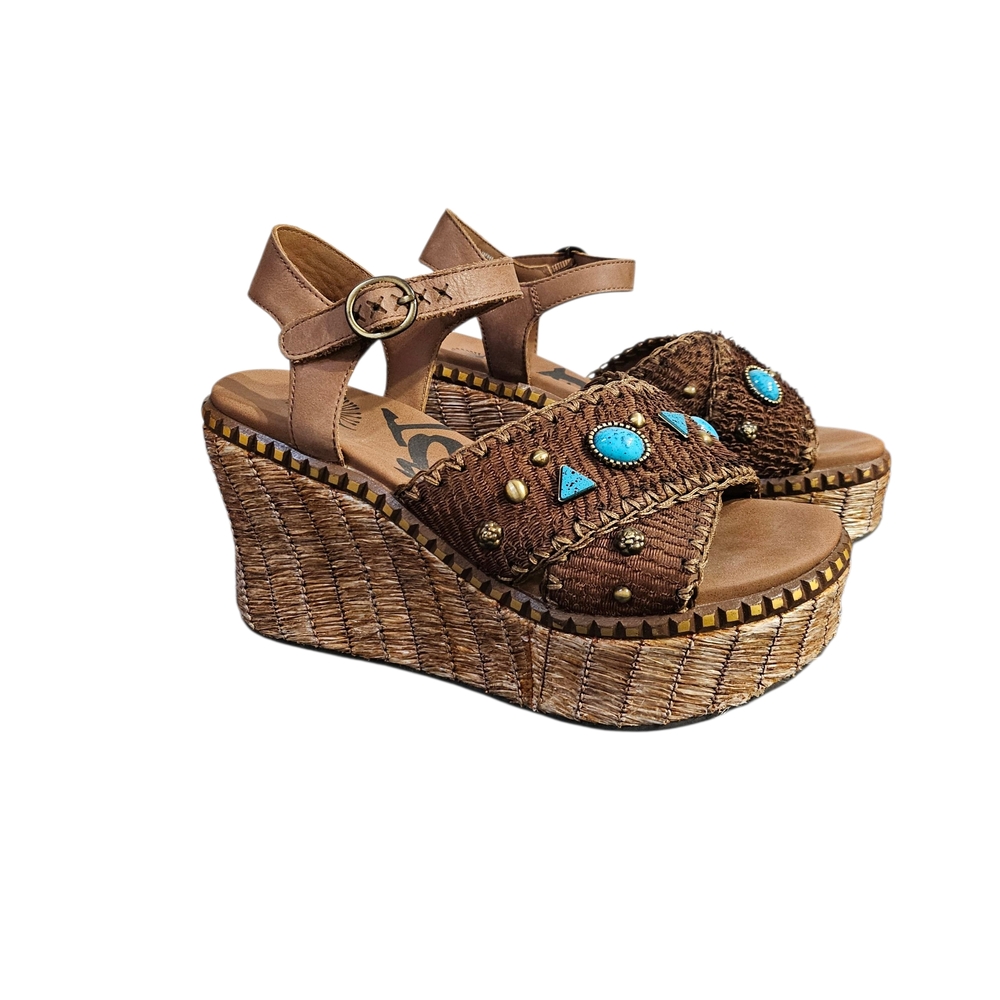 OTBT Cahoot Leather Brown Wedge Peasant Sandals Turquoise Stone Accents Sz 6.5